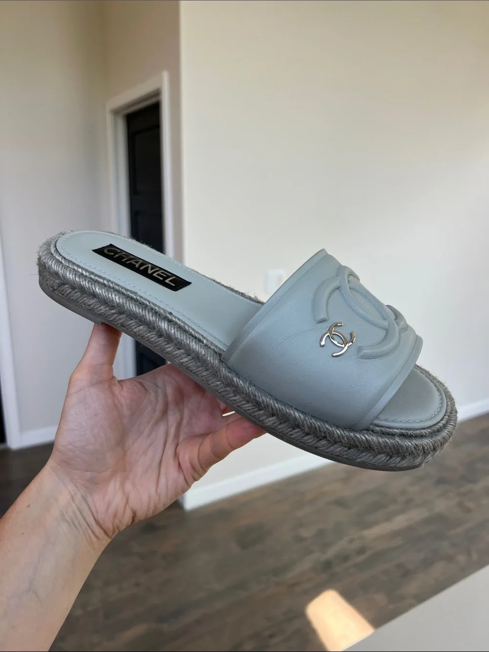 CHANEL light blue leather open toe flat CC sandals espadrilles braided jute 40C